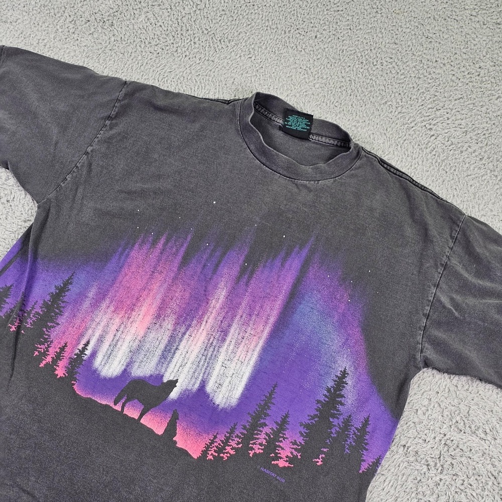 Vintage Habitat Shirt Mens Large Gray Wolf Northern Lights Graphic Tee 90s